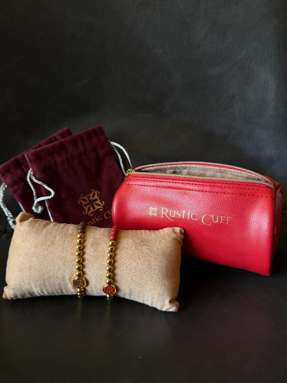 Set of 2 Rustic Cuff Brown and Red Gold Toned Beaded Bracelets with Packaginig